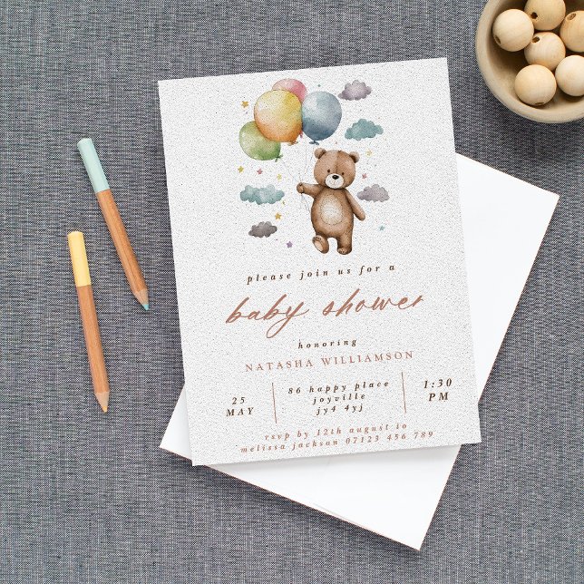 Cute Bear and Pastel Balloons Baby Shower Invitation (Creator Uploaded)