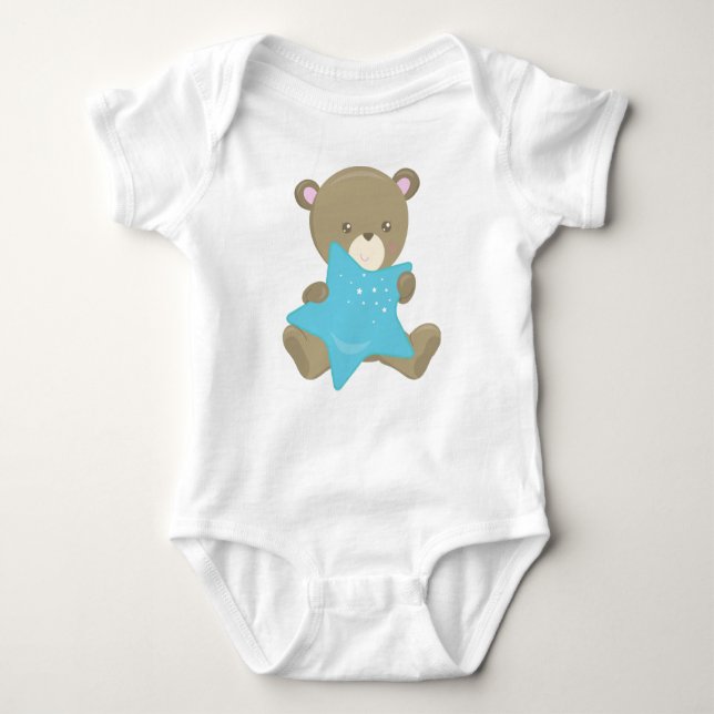 Cute Bear, Baby Bear, Little Bear, Bear With Star Baby Bodysuit (Front)