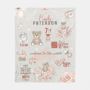 Cute Bear Baby Girl Birth Stats Saumon Grey Fleece Blanket