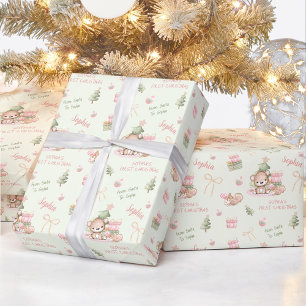 Cute Bear Baby Girl Pink Green Name Text Christmas Wrapping Paper