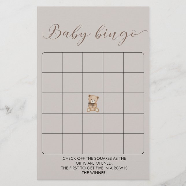 Cute Bear  Baby Shower Bingo Game (Front)