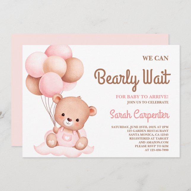 Cute Bear Baby Shower Girl Invitation (Front/Back)