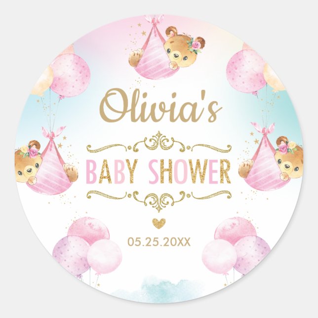 Cute Bear Baby Shower Girl Thank You Favour Classic Round Sticker (Front)