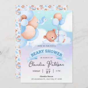 Cute Bear Baby Shower Watercolor Brown Blue Pastel Invitation