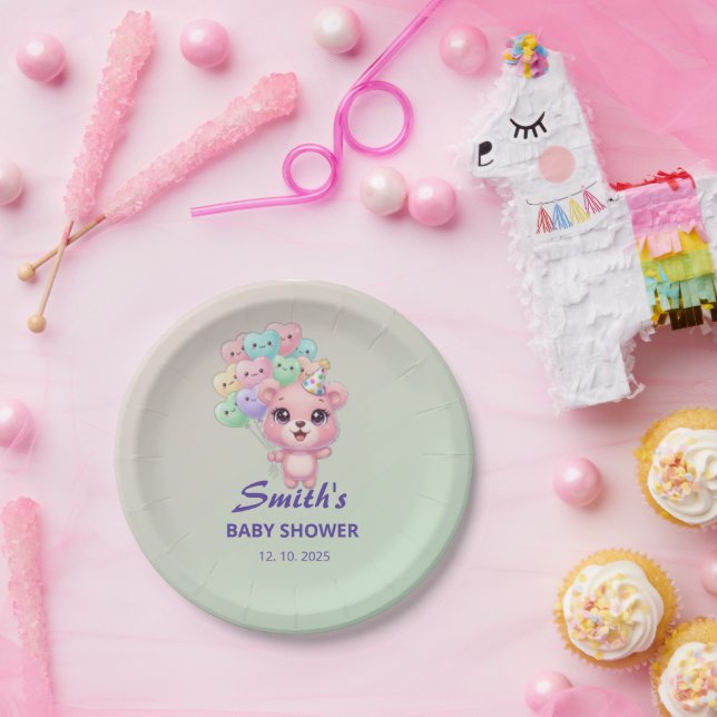 "Cute Bear Baby Shower with Custom Date Paper Plate (Party)
