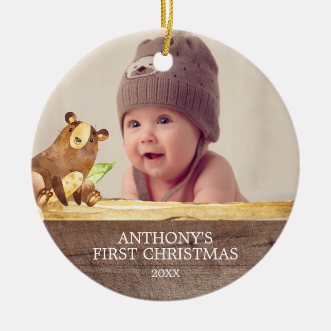 Cute Bear Baby's 1St Photo Christmas Ornament (Front)