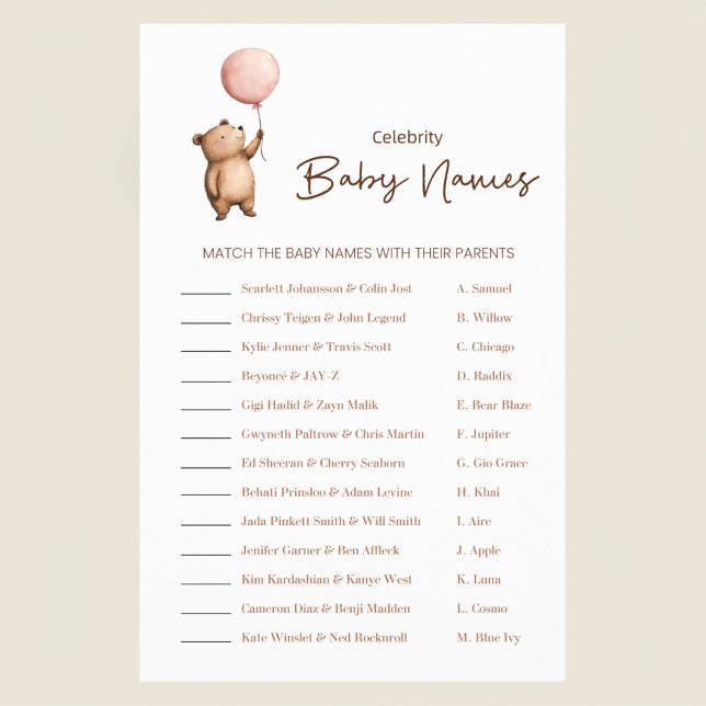Cute Bear Balloon Baby Shower Celebrity Names Game Flyer (Creator Uploaded)