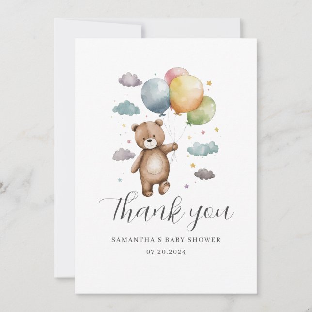 Cute Bear Balloon Baby Shower Flat Thank You Card (Front)