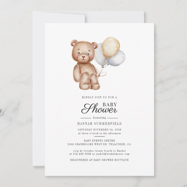 Cute Bear Balloons Baby Shower Script Invitation (Front)