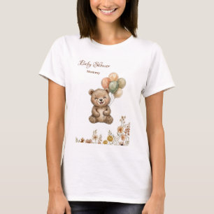 Cute Bear Balloons Boho Floral Baby Shower Women T-Shirt