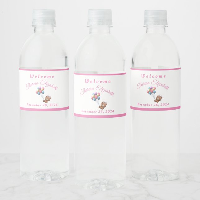 Cute Bear & Balloons Girl  Water Bottle Label (Bottles)