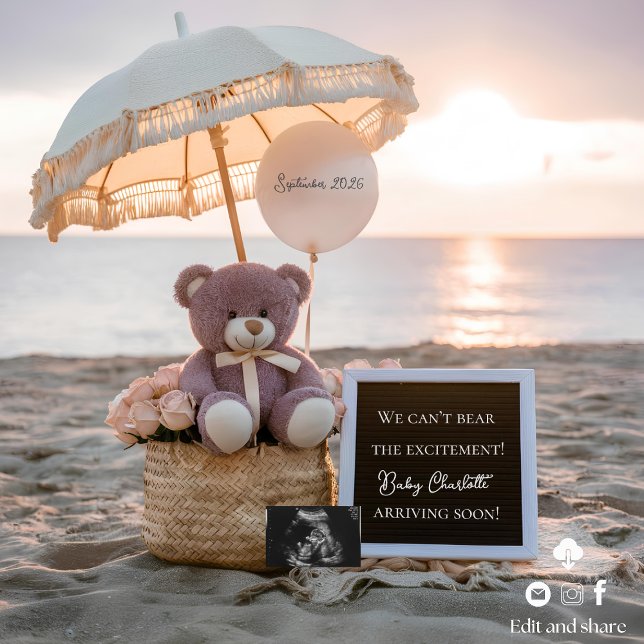 Cute Bear Beach Sunset Pregnancy Announcement (Creator Uploaded)