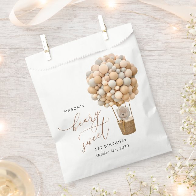 Cute Bear, Beige Balloons, First Birthday Favour Bag (Clipped)