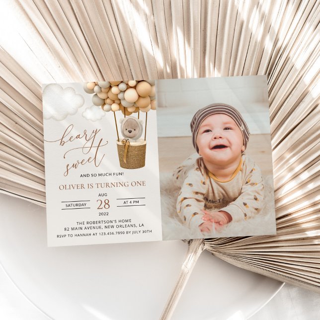 Cute Bear, Beige Balloons, First Birthday Invitation (Creator Uploaded)