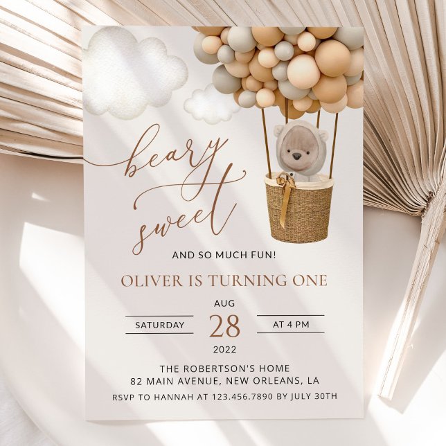 Cute Bear, Beige Balloons, First Birthday Invitation (Creator Uploaded)