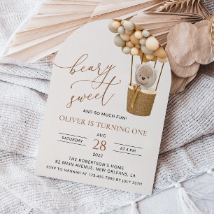 Cute Bear, Beige Balloons, First Birthday Invitation