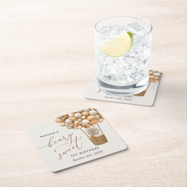 Cute Bear, Beige Balloons, First Birthday Square Paper Coaster (Insitu)