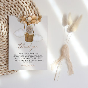 Cute Bear, Beige Balloons, First Birthday Thank You Card