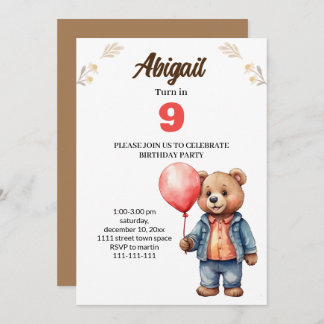cute bear birthday party invitation card