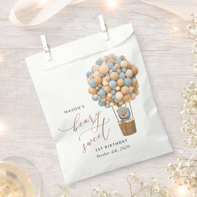 Cute Bear, Blue Balloons, First Birthday Favour Bag (Clipped)