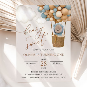 Cute Bear, Blue Balloons, First Birthday Invitation