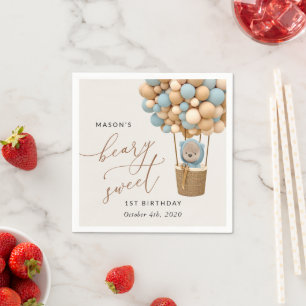 Cute Bear, Blue Balloons, First Birthday Napkin