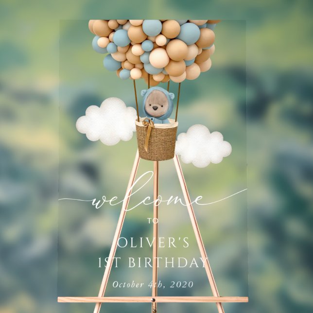 Cute Bear, Blue Balloons, First Birthday Welcome Acrylic Sign (Neutral)