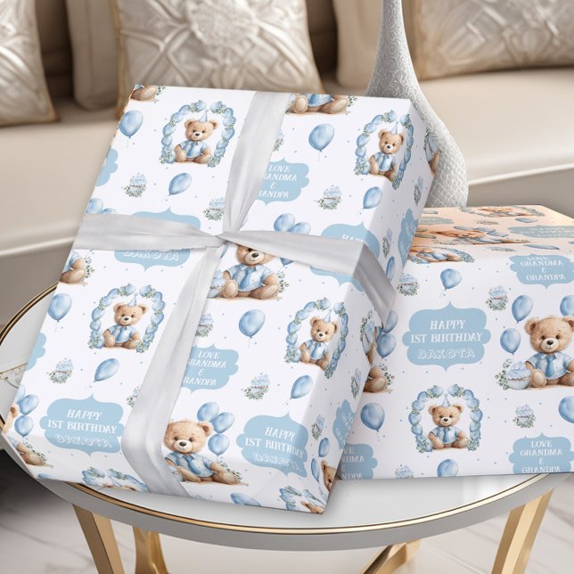 Cute Bear Blue Boy Birthday Name Wrapping Paper (Cute Bear Blue Boy Birthday Name Wrapping Paper)
