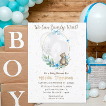 Cute Bear Blue Floral Wreath Boys Baby Shower  Inv