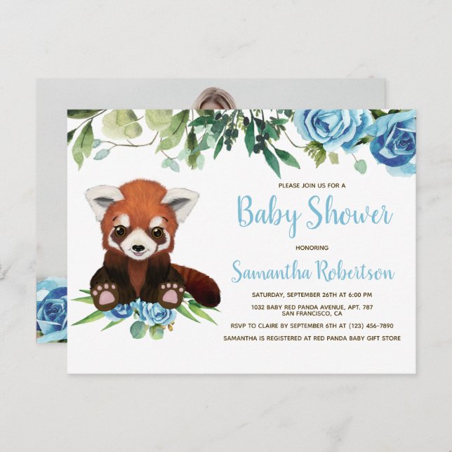 Cute Bear Blue Flowers Boy Baby Shower Photo Invitation Postcard (Front/Back)