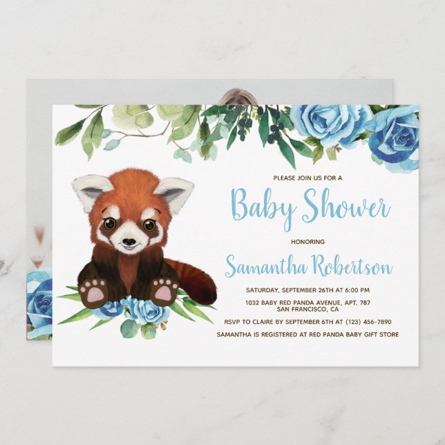 Cute Bear Blue Greenery Boy Baby Shower Photo Invitation (Front/Back)