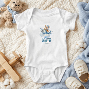 Cute Bear Blue Plane Time Flies One 1st Birthday Baby Bodysuit