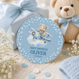 Cute Bear Blue Plane Time Flies One 1st Birthday Classic Round Sticker