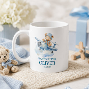 Cute Bear Blue Plane Time Flies One 1st Birthday Coffee Mug