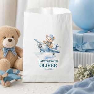 Cute Bear Blue Plane Time Flies One 1st Birthday Favour Bag