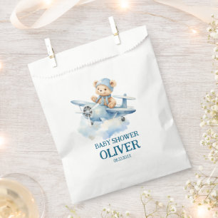 Cute Bear Blue Plane Time Flies One 1st Birthday Favour Bag