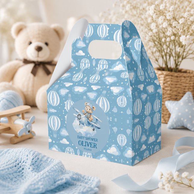 Cute Bear Blue Plane Time Flies One 1st Birthday Favour Box (Cute Bear Blue Plane Time Flies One 1st Birthday Favor Boxes)