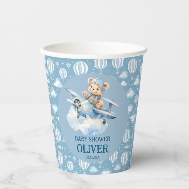 Cute Bear Blue Plane Time Flies One 1st Birthday Paper Cups (Front)