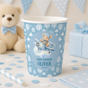 Cute Bear Blue Plane Time Flies One 1st Birthday Paper Cups
