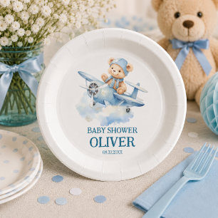 Cute Bear Blue Plane Time Flies One 1st Birthday Paper Plate