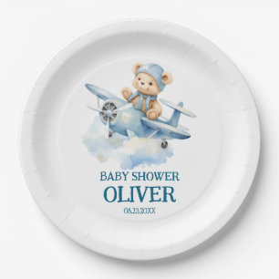 Cute Bear Blue Plane Time Flies One 1st Birthday Paper Plate