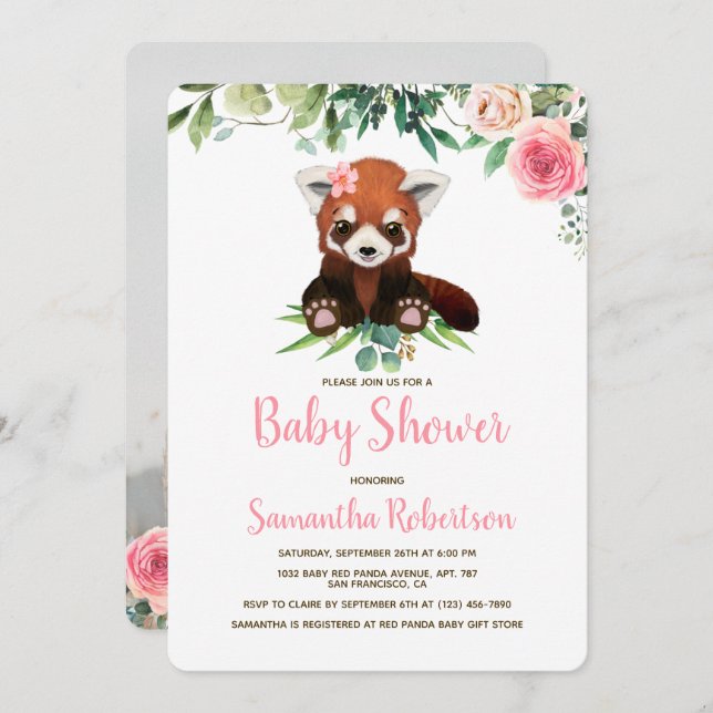 Cute Bear Blush Pink Floral Girl Baby Shower Photo Invitation (Front/Back)