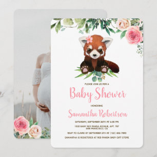 Cute Bear Blush Pink Floral Girl Baby Shower Photo Invitation