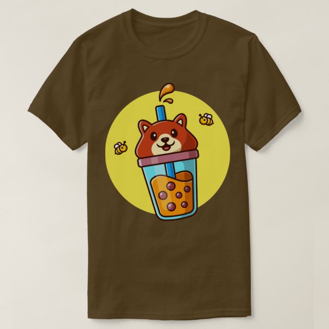 Cute Bear Boba Milk Tea With Bee Cartoon T-Shirt (Design Front)