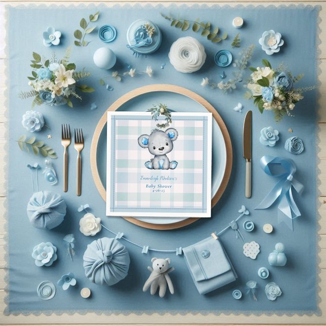 Cute Bear Boy Plaid Blue Napkin (Creator Uploaded)