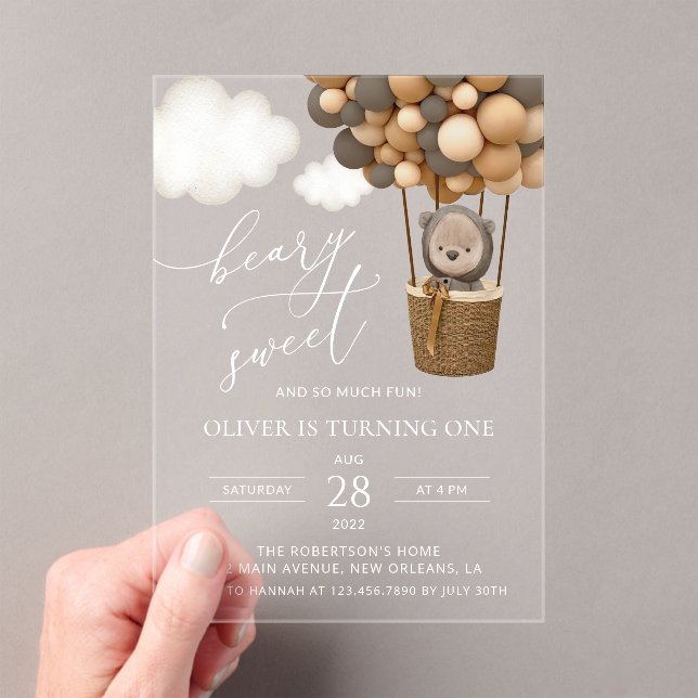 Cute Bear, Brown Balloons, First Birthday Acrylic Invitations (Insitu (Handheld))