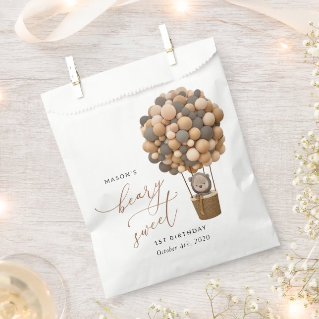 Cute Bear, Brown Balloons, First Birthday Favour Bag (Clipped)