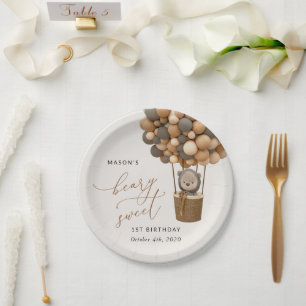 Cute Bear, Brown Balloons, First Birthday Paper Plate