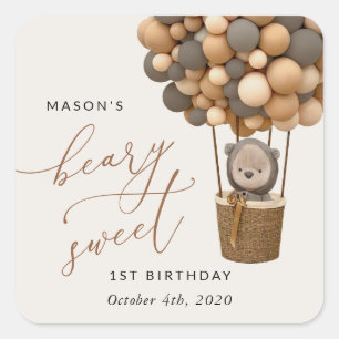 Cute Bear, Brown Balloons, First Birthday Square Sticker
