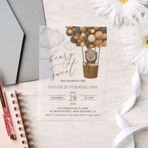 Cute Bear, Brown Balloons, First Birthday Vellum Invitations